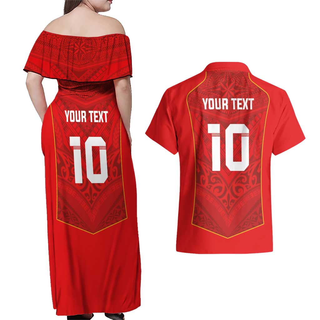 Custom Mate Ma'a Tonga Rugby Couples Matching Off Shoulder Maxi Dress and Hawaiian Shirt Ngatu Tribal Motifs Sporty Style LT03 - Polynesian Pride