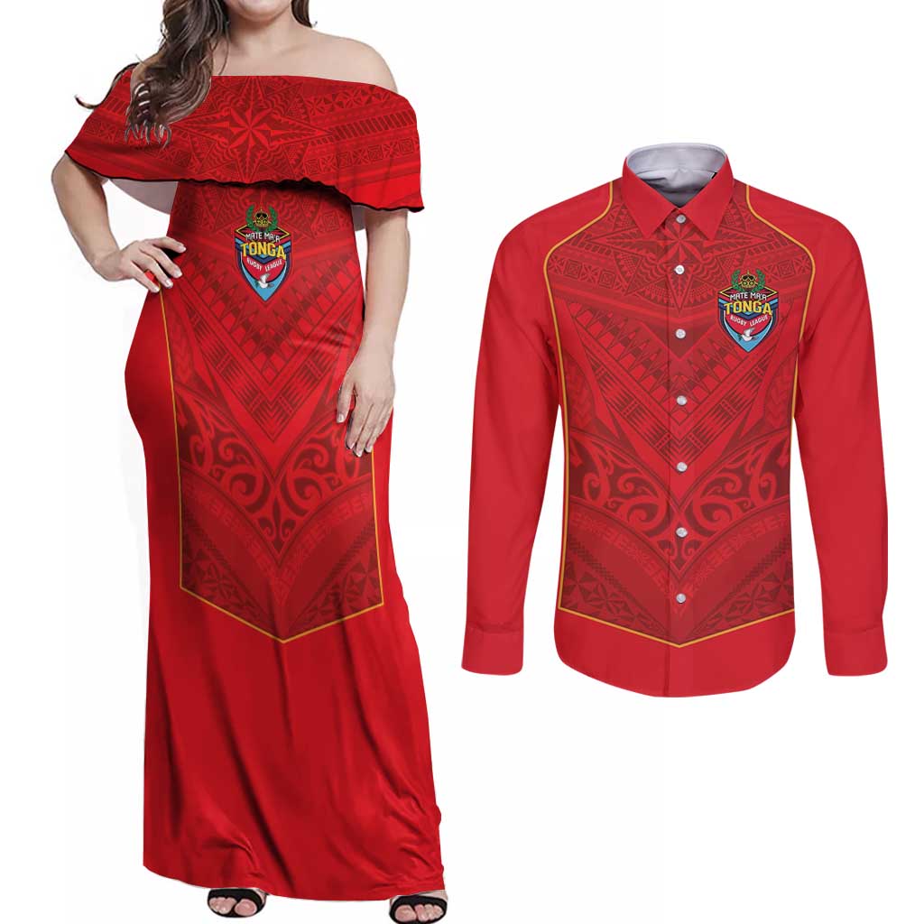Custom Mate Ma'a Tonga Rugby Couples Matching Off Shoulder Maxi Dress and Long Sleeve Button Shirt Ngatu Tribal Motifs Sporty Style - Polynesian Pride