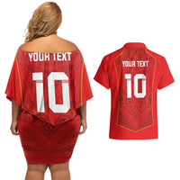 Custom Mate Ma'a Tonga Rugby Couples Matching Off Shoulder Short Dress and Hawaiian Shirt Ngatu Tribal Motifs Sporty Style LT03 - Polynesian Pride