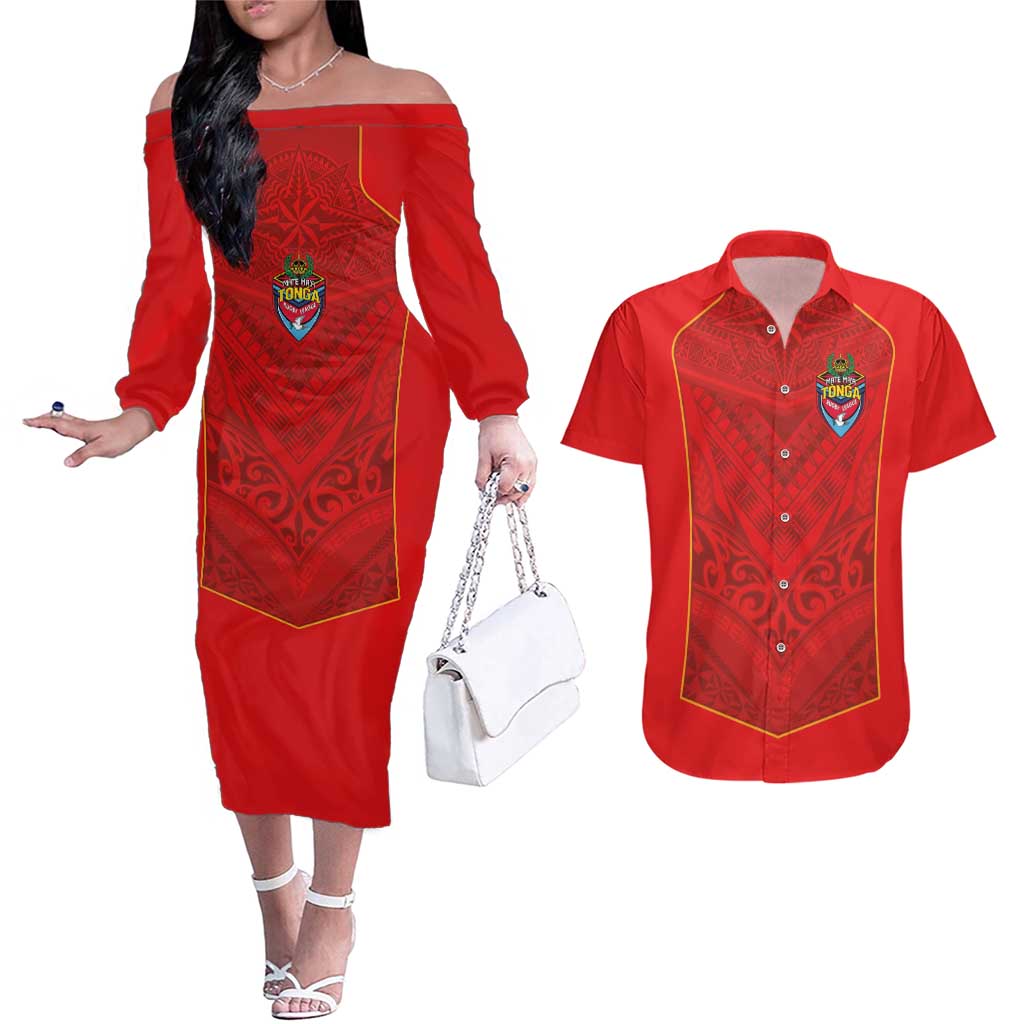 Custom Mate Ma'a Tonga Rugby Couples Matching Off The Shoulder Long Sleeve Dress and Hawaiian Shirt Ngatu Tribal Motifs Sporty Style - Polynesian Pride