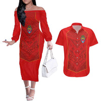 Custom Mate Ma'a Tonga Rugby Couples Matching Off The Shoulder Long Sleeve Dress and Hawaiian Shirt Ngatu Tribal Motifs Sporty Style LT03 Red - Polynesian Pride