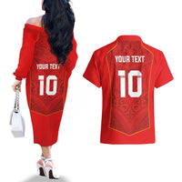 Custom Mate Ma'a Tonga Rugby Couples Matching Off The Shoulder Long Sleeve Dress and Hawaiian Shirt Ngatu Tribal Motifs Sporty Style LT03 - Polynesian Pride