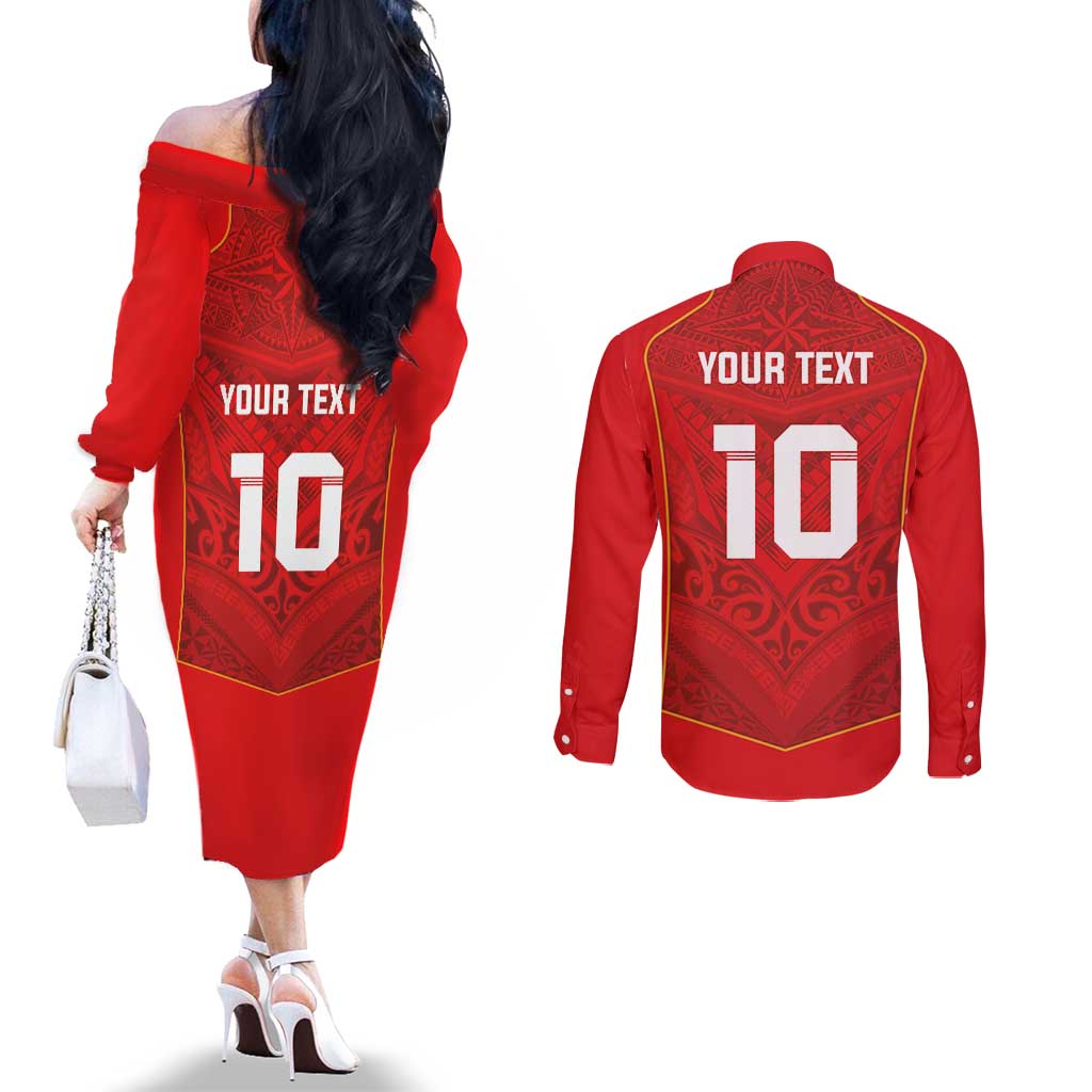 Custom Mate Ma'a Tonga Rugby Couples Matching Off The Shoulder Long Sleeve Dress and Long Sleeve Button Shirt Ngatu Tribal Motifs Sporty Style LT03 - Polynesian Pride