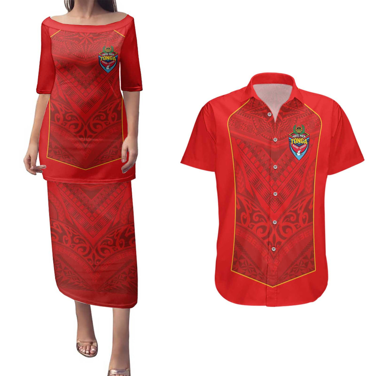 Custom Mate Ma'a Tonga Rugby Couples Matching Puletasi and Hawaiian Shirt Ngatu Tribal Motifs Sporty Style - Polynesian Pride