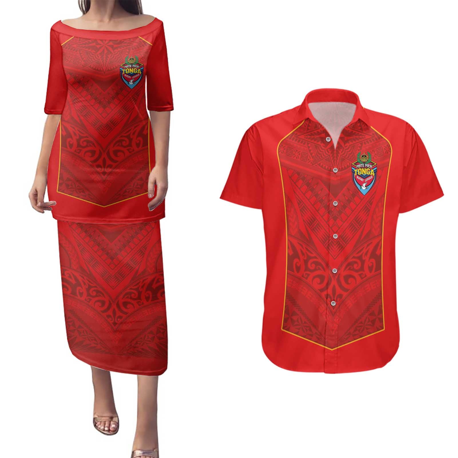 Custom Mate Ma'a Tonga Rugby Couples Matching Puletasi and Hawaiian Shirt Ngatu Tribal Motifs Sporty Style - Polynesian Pride