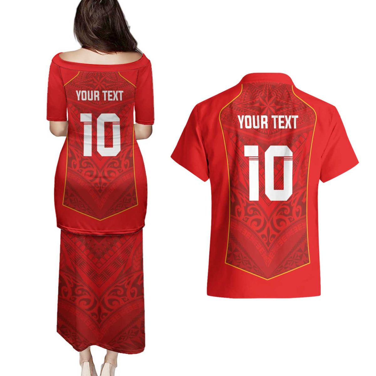Custom Mate Ma'a Tonga Rugby Couples Matching Puletasi and Hawaiian Shirt Ngatu Tribal Motifs Sporty Style - Polynesian Pride