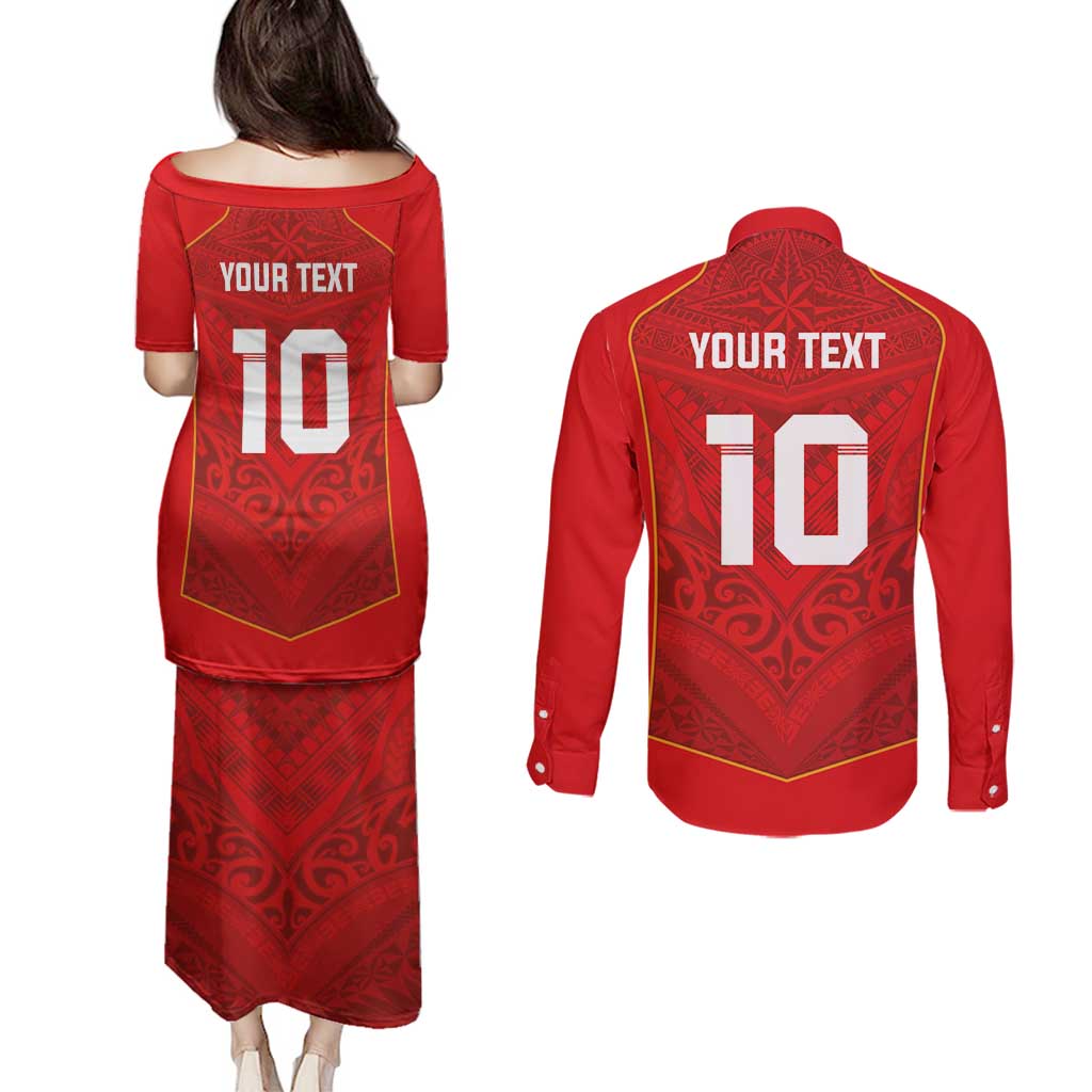 Custom Mate Ma'a Tonga Rugby Couples Matching Puletasi and Long Sleeve Button Shirt Ngatu Tribal Motifs Sporty Style - Polynesian Pride