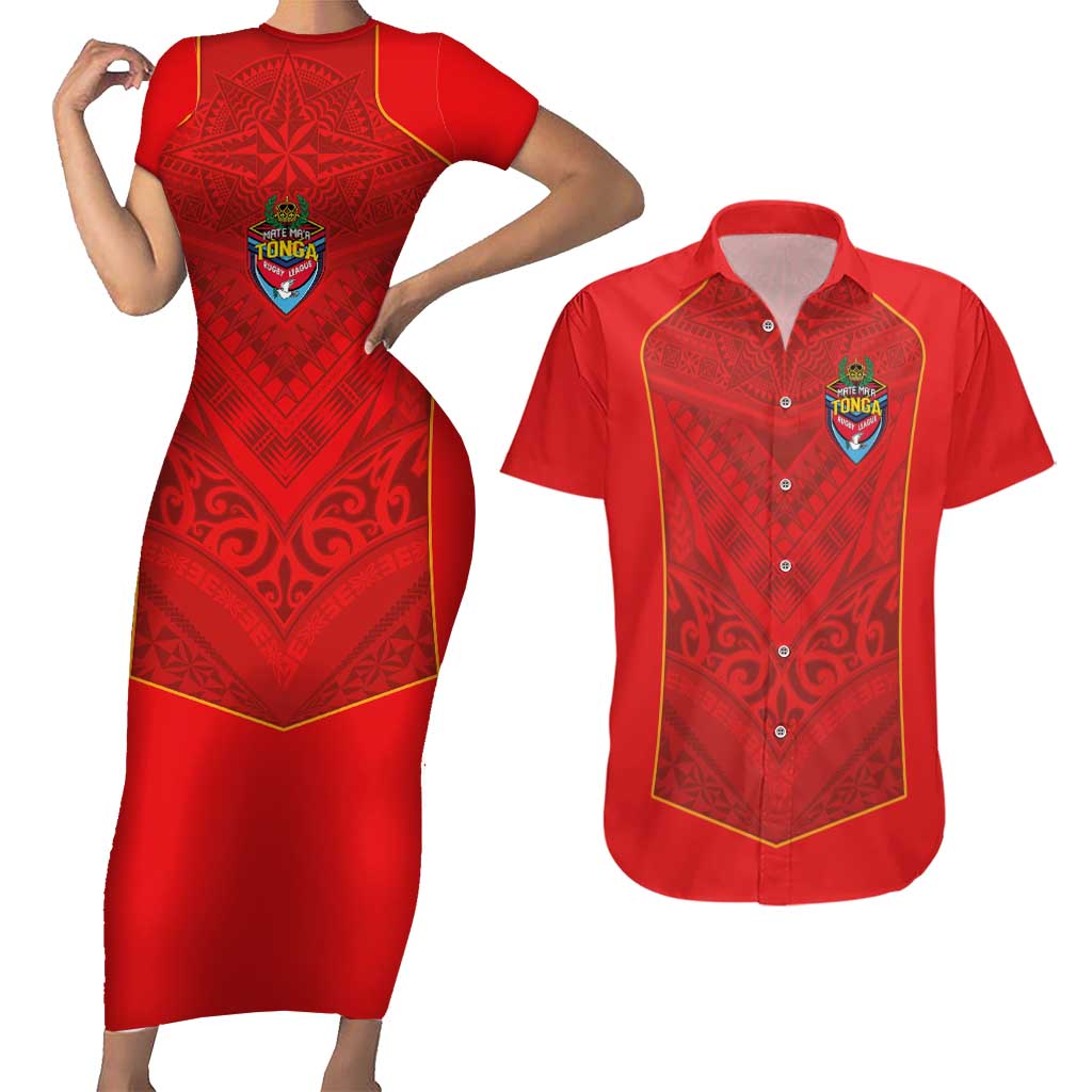 Custom Mate Ma'a Tonga Rugby Couples Matching Short Sleeve Bodycon Dress and Hawaiian Shirt Ngatu Tribal Motifs Sporty Style LT03 Red - Polynesian Pride