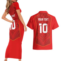 Custom Mate Ma'a Tonga Rugby Couples Matching Short Sleeve Bodycon Dress and Hawaiian Shirt Ngatu Tribal Motifs Sporty Style LT03 - Polynesian Pride