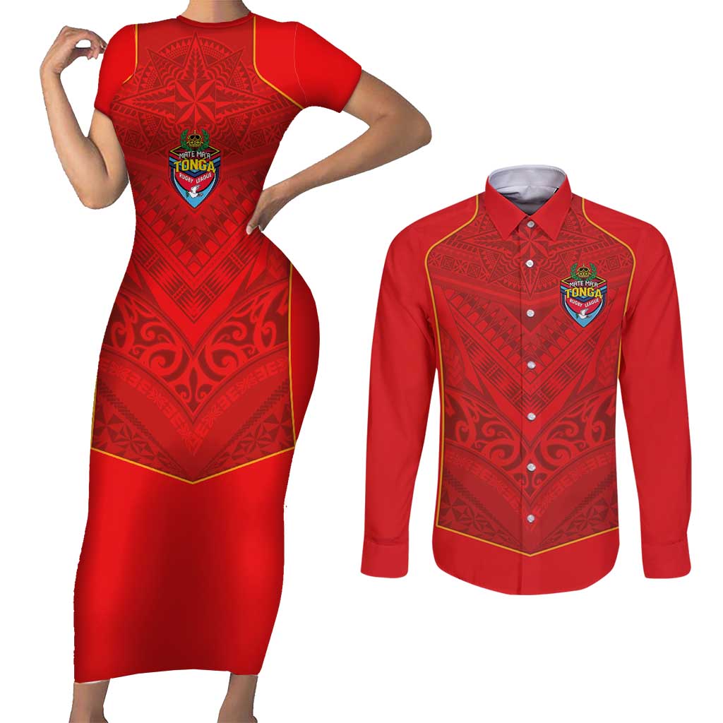 Custom Mate Ma'a Tonga Rugby Couples Matching Short Sleeve Bodycon Dress and Long Sleeve Button Shirt Ngatu Tribal Motifs Sporty Style - Polynesian Pride