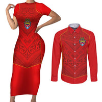 Custom Mate Ma'a Tonga Rugby Couples Matching Short Sleeve Bodycon Dress and Long Sleeve Button Shirt Ngatu Tribal Motifs Sporty Style LT03 Red - Polynesian Pride