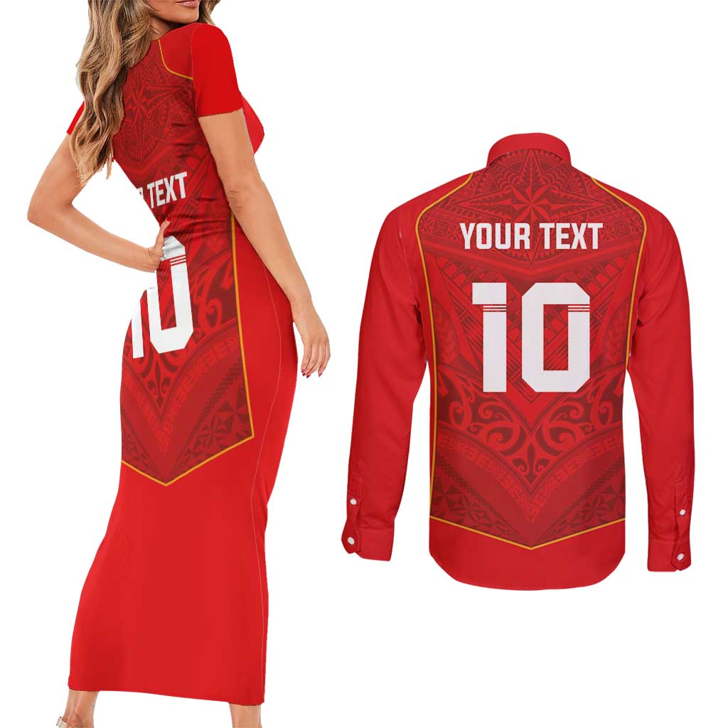 Custom Mate Ma'a Tonga Rugby Couples Matching Short Sleeve Bodycon Dress and Long Sleeve Button Shirt Ngatu Tribal Motifs Sporty Style LT03 - Polynesian Pride