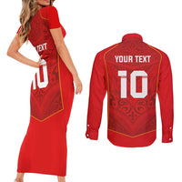 Custom Mate Ma'a Tonga Rugby Couples Matching Short Sleeve Bodycon Dress and Long Sleeve Button Shirt Ngatu Tribal Motifs Sporty Style LT03 - Polynesian Pride
