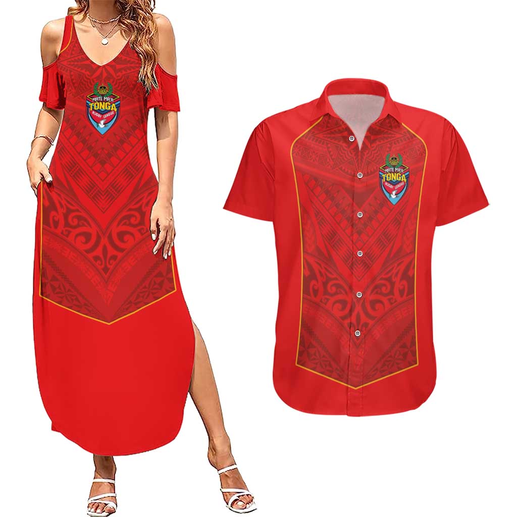 Custom Mate Ma'a Tonga Rugby Couples Matching Summer Maxi Dress and Hawaiian Shirt Ngatu Tribal Motifs Sporty Style LT03 Red - Polynesian Pride