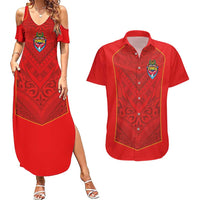 Custom Mate Ma'a Tonga Rugby Couples Matching Summer Maxi Dress and Hawaiian Shirt Ngatu Tribal Motifs Sporty Style LT03 Red - Polynesian Pride