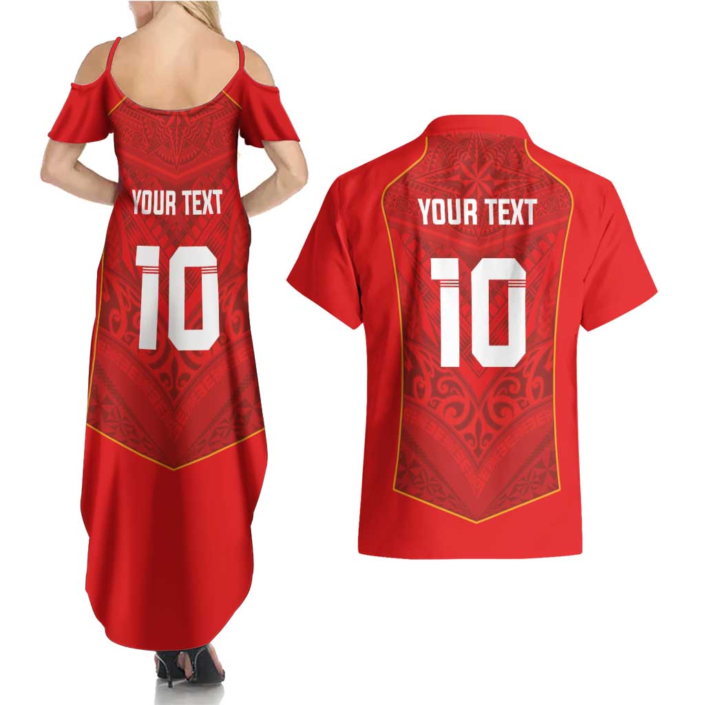 Custom Mate Ma'a Tonga Rugby Couples Matching Summer Maxi Dress and Hawaiian Shirt Ngatu Tribal Motifs Sporty Style LT03 - Polynesian Pride