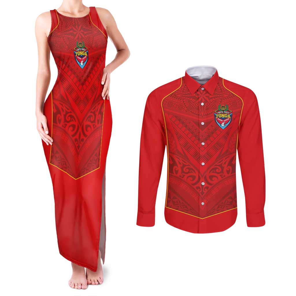 Custom Mate Ma'a Tonga Rugby Couples Matching Tank Maxi Dress and Long Sleeve Button Shirt Ngatu Tribal Motifs Sporty Style - Polynesian Pride