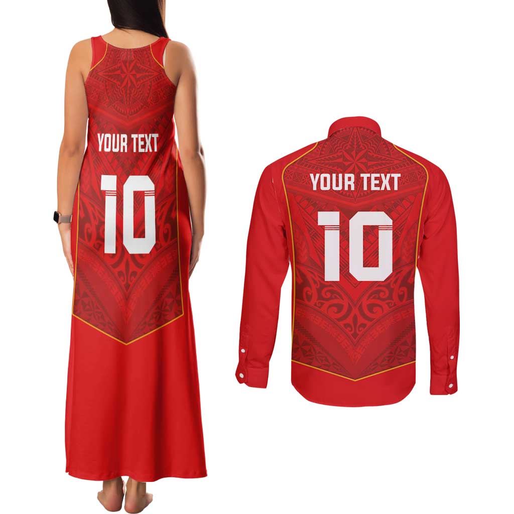 Custom Mate Ma'a Tonga Rugby Couples Matching Tank Maxi Dress and Long Sleeve Button Shirt Ngatu Tribal Motifs Sporty Style LT03 - Polynesian Pride