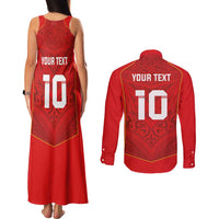 Custom Mate Ma'a Tonga Rugby Couples Matching Tank Maxi Dress and Long Sleeve Button Shirt Ngatu Tribal Motifs Sporty Style LT03 - Polynesian Pride