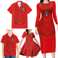 Custom Mate Ma'a Tonga Rugby Family Matching Long Sleeve Bodycon Dress and Hawaiian Shirt Ngatu Tribal Motifs Sporty Style LT03 - Polynesian Pride
