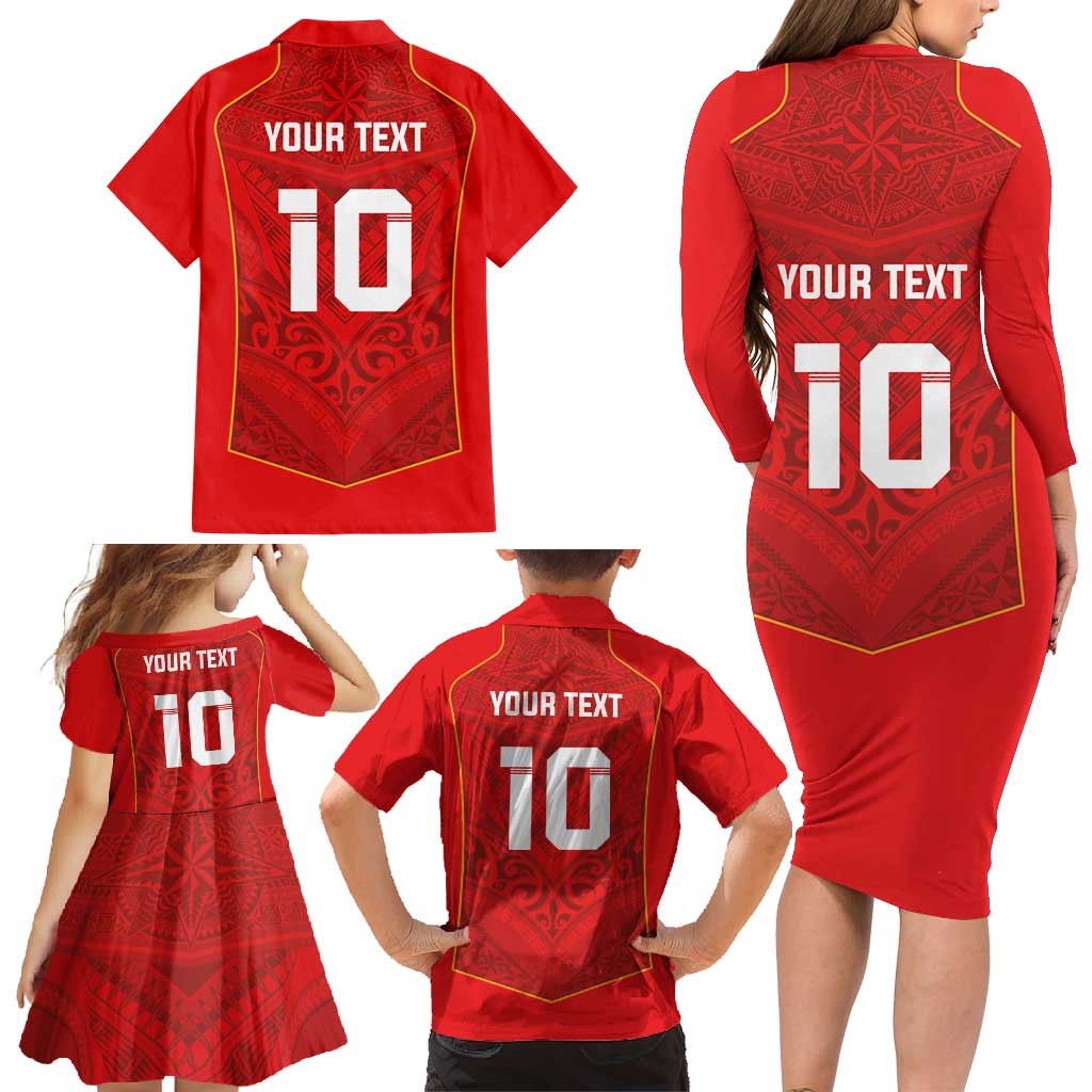Custom Mate Ma'a Tonga Rugby Family Matching Long Sleeve Bodycon Dress and Hawaiian Shirt Ngatu Tribal Motifs Sporty Style LT03 - Polynesian Pride