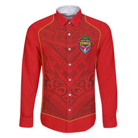 Custom Mate Ma'a Tonga Rugby Family Matching Long Sleeve Bodycon Dress and Hawaiian Shirt Ngatu Tribal Motifs Sporty Style LT03 Dad's Shirt - Long Sleeve Red - Polynesian Pride