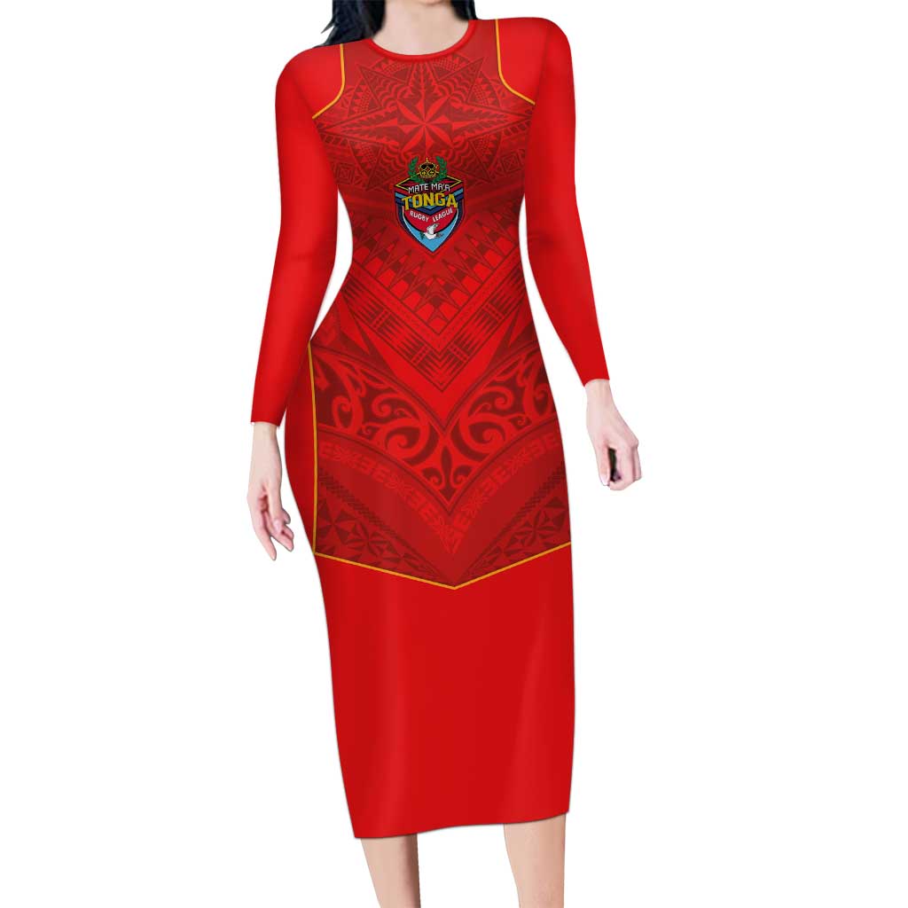 Custom Mate Ma'a Tonga Rugby Family Matching Long Sleeve Bodycon Dress and Hawaiian Shirt Ngatu Tribal Motifs Sporty Style LT03 Mom's Dress Red - Polynesian Pride