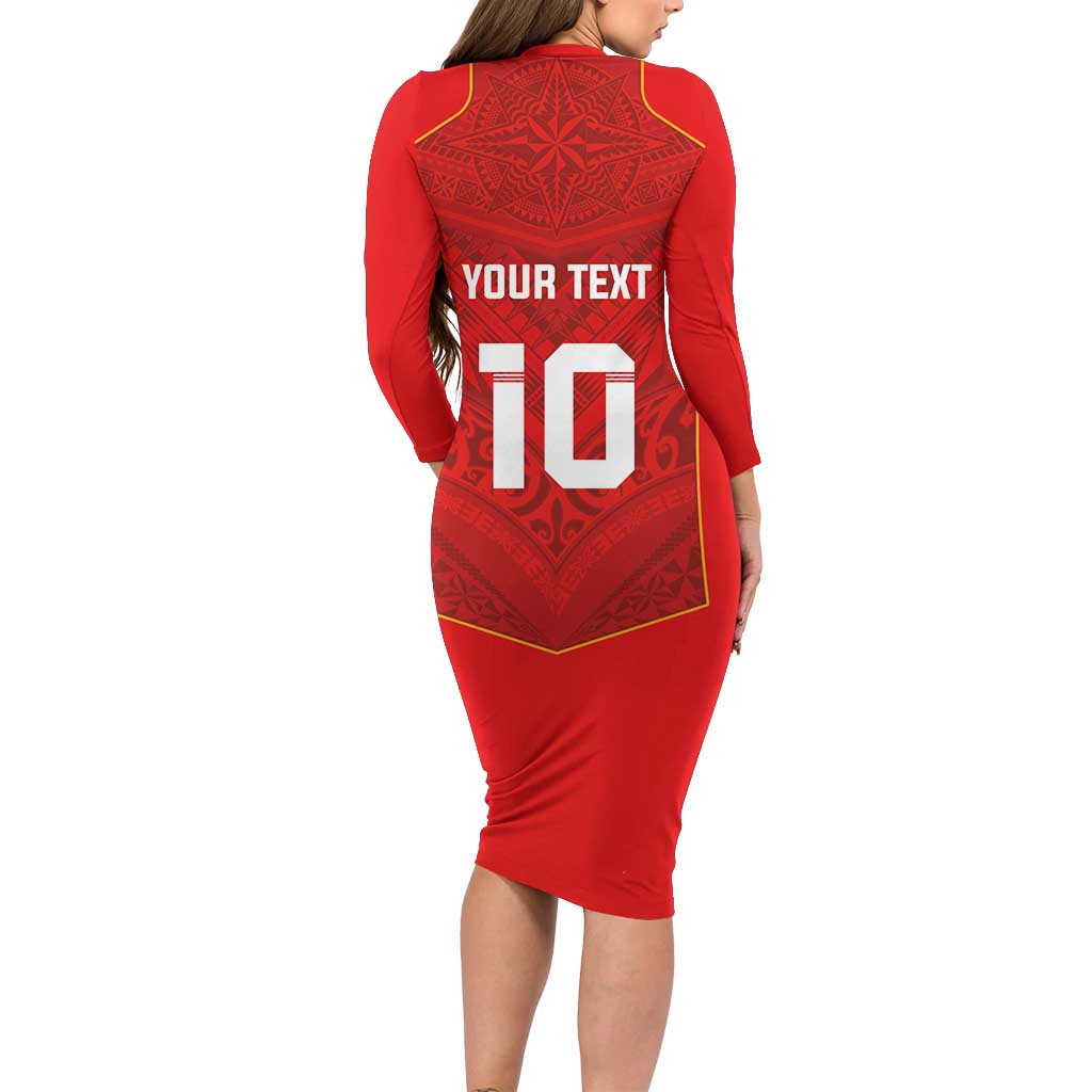 Custom Mate Ma'a Tonga Rugby Family Matching Long Sleeve Bodycon Dress and Hawaiian Shirt Ngatu Tribal Motifs Sporty Style LT03 - Polynesian Pride