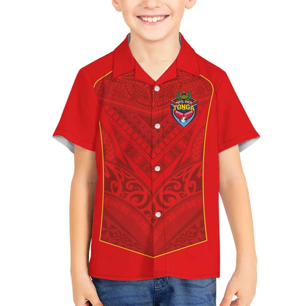 Custom Mate Ma'a Tonga Rugby Family Matching Long Sleeve Bodycon Dress and Hawaiian Shirt Ngatu Tribal Motifs Sporty Style LT03 Son's Shirt Red - Polynesian Pride