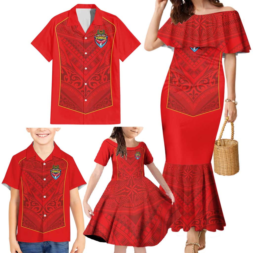 Custom Mate Ma'a Tonga Rugby Family Matching Mermaid Dress and Hawaiian Shirt Ngatu Tribal Motifs Sporty Style LT03 - Polynesian Pride