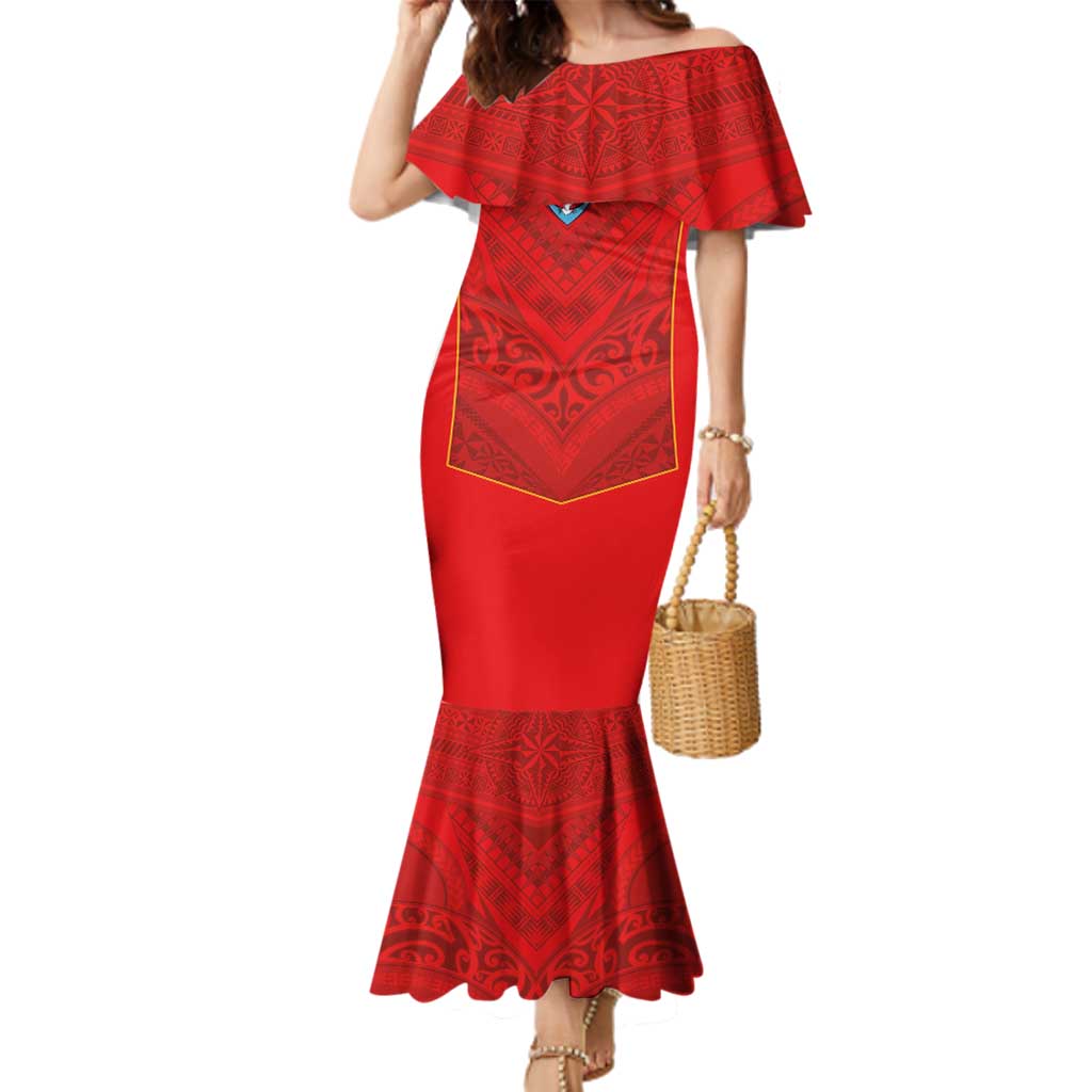 Custom Mate Ma'a Tonga Rugby Family Matching Mermaid Dress and Hawaiian Shirt Ngatu Tribal Motifs Sporty Style LT03 Mom's Dress Red - Polynesian Pride