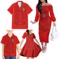 Custom Mate Ma'a Tonga Rugby Family Matching Off The Shoulder Long Sleeve Dress and Hawaiian Shirt Ngatu Tribal Motifs Sporty Style LT03 - Polynesian Pride
