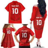 Custom Mate Ma'a Tonga Rugby Family Matching Off The Shoulder Long Sleeve Dress and Hawaiian Shirt Ngatu Tribal Motifs Sporty Style LT03 - Polynesian Pride