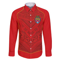 Custom Mate Ma'a Tonga Rugby Family Matching Off The Shoulder Long Sleeve Dress and Hawaiian Shirt Ngatu Tribal Motifs Sporty Style LT03 Dad's Shirt - Long Sleeve Red - Polynesian Pride