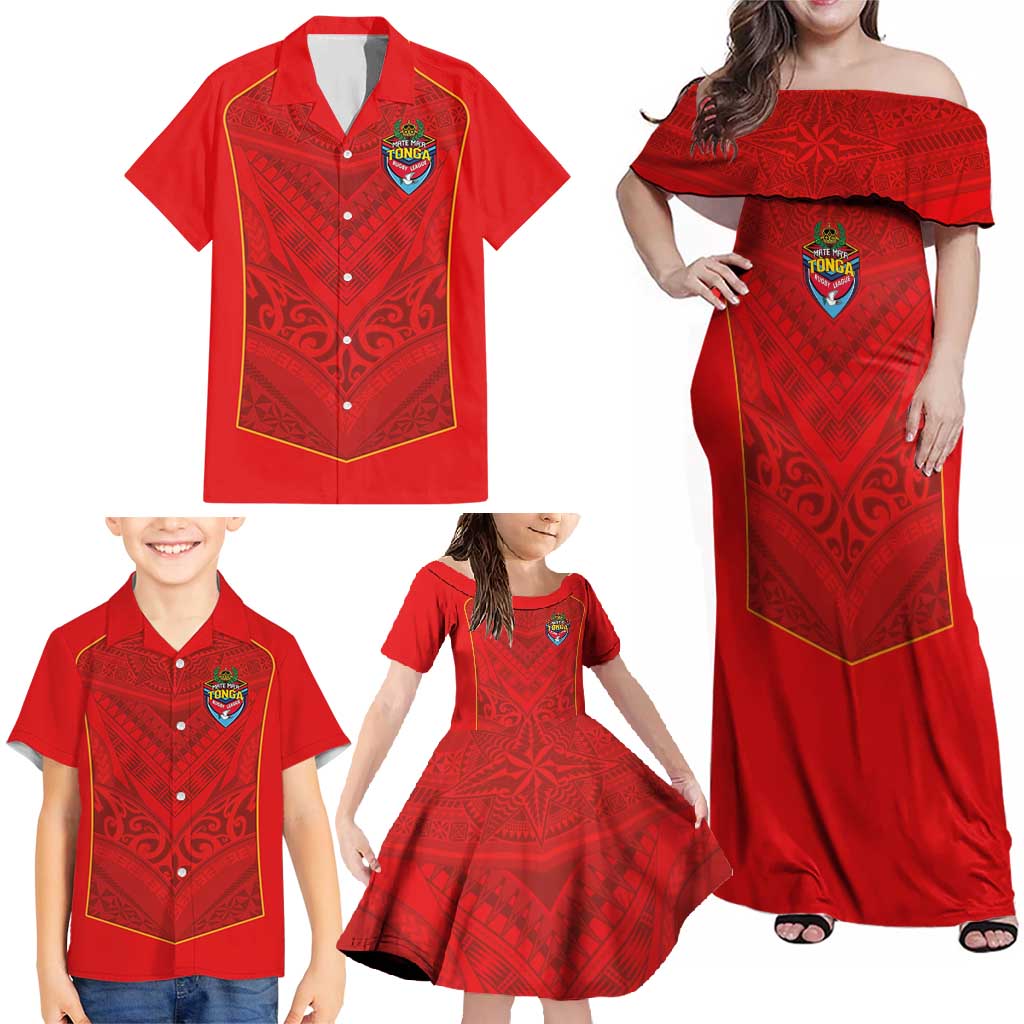 Custom Mate Ma'a Tonga Rugby Family Matching Off Shoulder Maxi Dress and Hawaiian Shirt Ngatu Tribal Motifs Sporty Style LT03 - Polynesian Pride