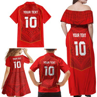 Custom Mate Ma'a Tonga Rugby Family Matching Off Shoulder Maxi Dress and Hawaiian Shirt Ngatu Tribal Motifs Sporty Style LT03 - Polynesian Pride