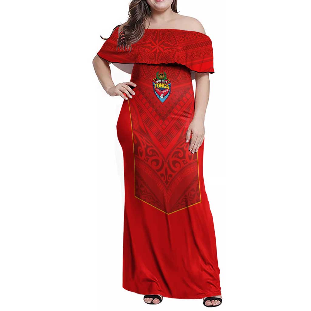 Custom Mate Ma'a Tonga Rugby Family Matching Off Shoulder Maxi Dress and Hawaiian Shirt Ngatu Tribal Motifs Sporty Style LT03 Mom's Dress Red - Polynesian Pride