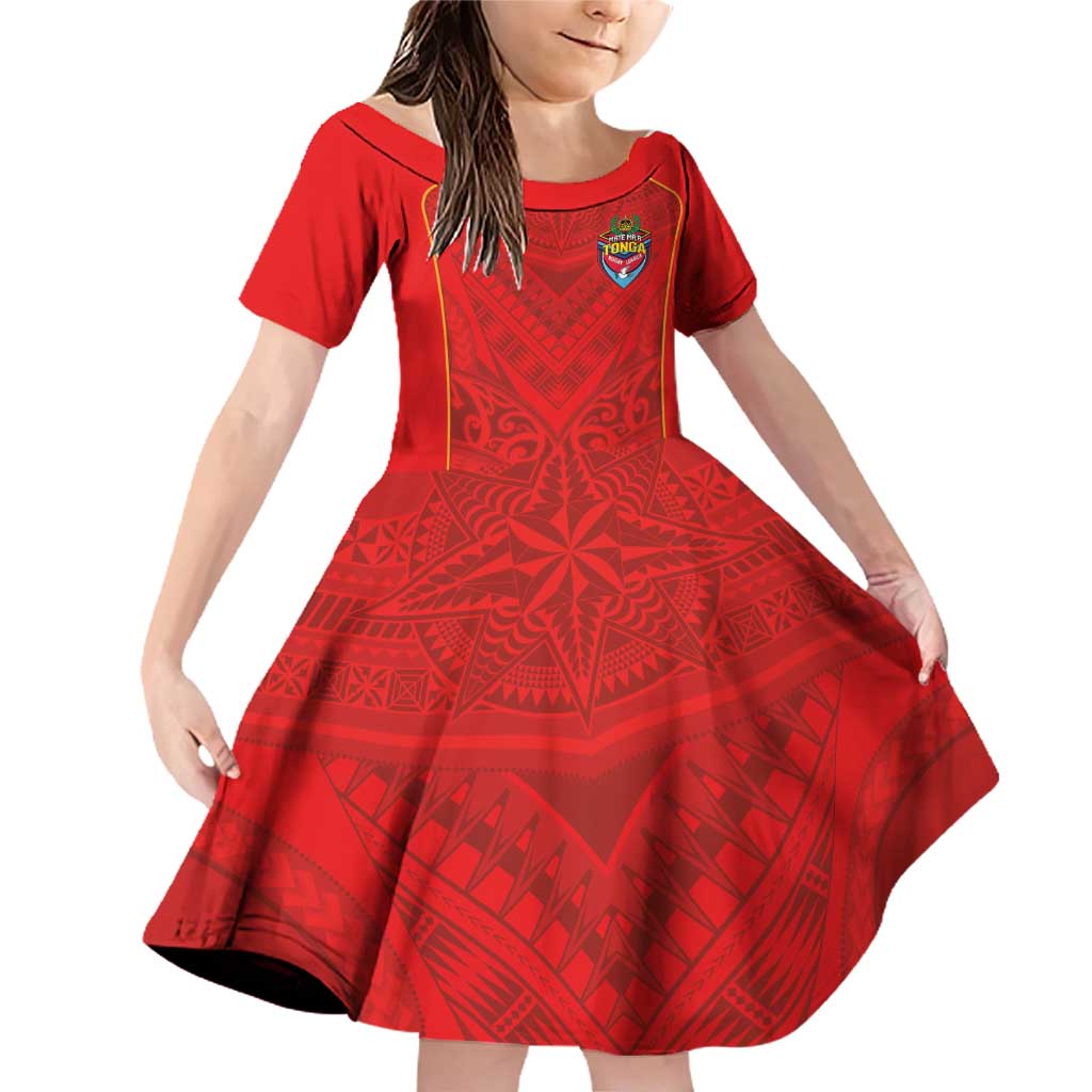 Custom Mate Ma'a Tonga Rugby Family Matching Off Shoulder Short Dress and Hawaiian Shirt Ngatu Tribal Motifs Sporty Style LT03 Daughter's Dress Red - Polynesian Pride