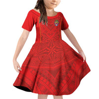 Custom Mate Ma'a Tonga Rugby Family Matching Off Shoulder Short Dress and Hawaiian Shirt Ngatu Tribal Motifs Sporty Style LT03 Daughter's Dress Red - Polynesian Pride