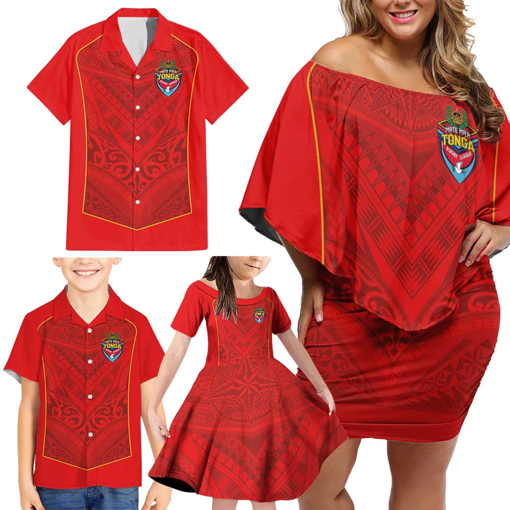 Custom Mate Ma'a Tonga Rugby Family Matching Off Shoulder Short Dress and Hawaiian Shirt Ngatu Tribal Motifs Sporty Style LT03 - Polynesian Pride