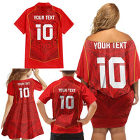 Custom Mate Ma'a Tonga Rugby Family Matching Off Shoulder Short Dress and Hawaiian Shirt Ngatu Tribal Motifs Sporty Style LT03 - Polynesian Pride