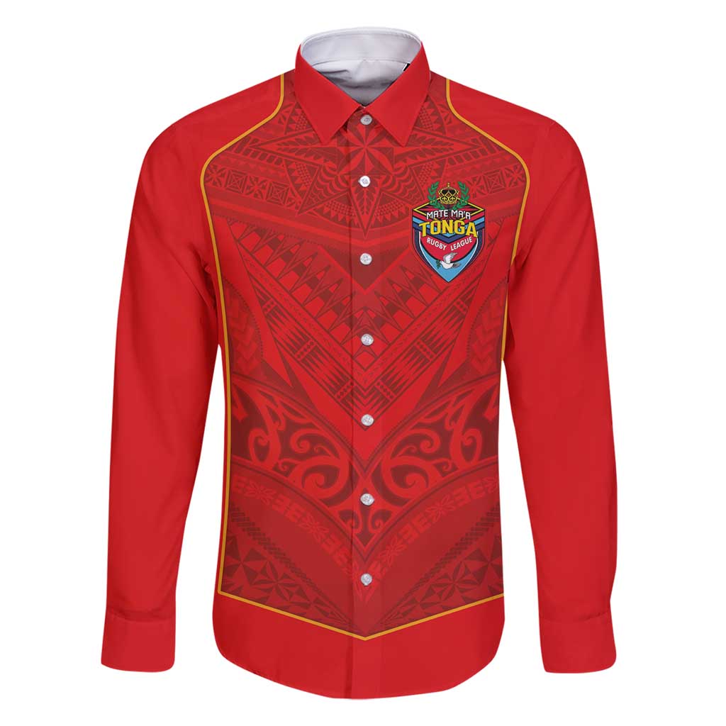 Custom Mate Ma'a Tonga Rugby Family Matching Off Shoulder Short Dress and Hawaiian Shirt Ngatu Tribal Motifs Sporty Style LT03 Dad's Shirt - Long Sleeve Red - Polynesian Pride