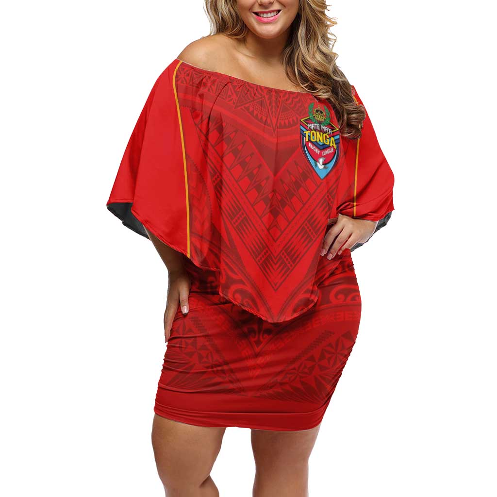 Custom Mate Ma'a Tonga Rugby Family Matching Off Shoulder Short Dress and Hawaiian Shirt Ngatu Tribal Motifs Sporty Style LT03 Mom's Dress Red - Polynesian Pride