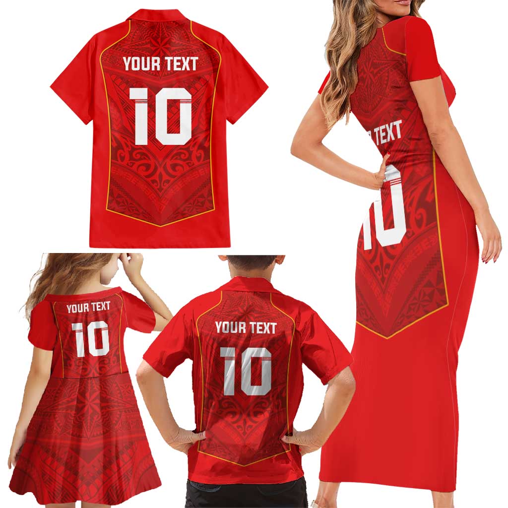 Custom Mate Ma'a Tonga Rugby Family Matching Short Sleeve Bodycon Dress and Hawaiian Shirt Ngatu Tribal Motifs Sporty Style LT03 - Polynesian Pride