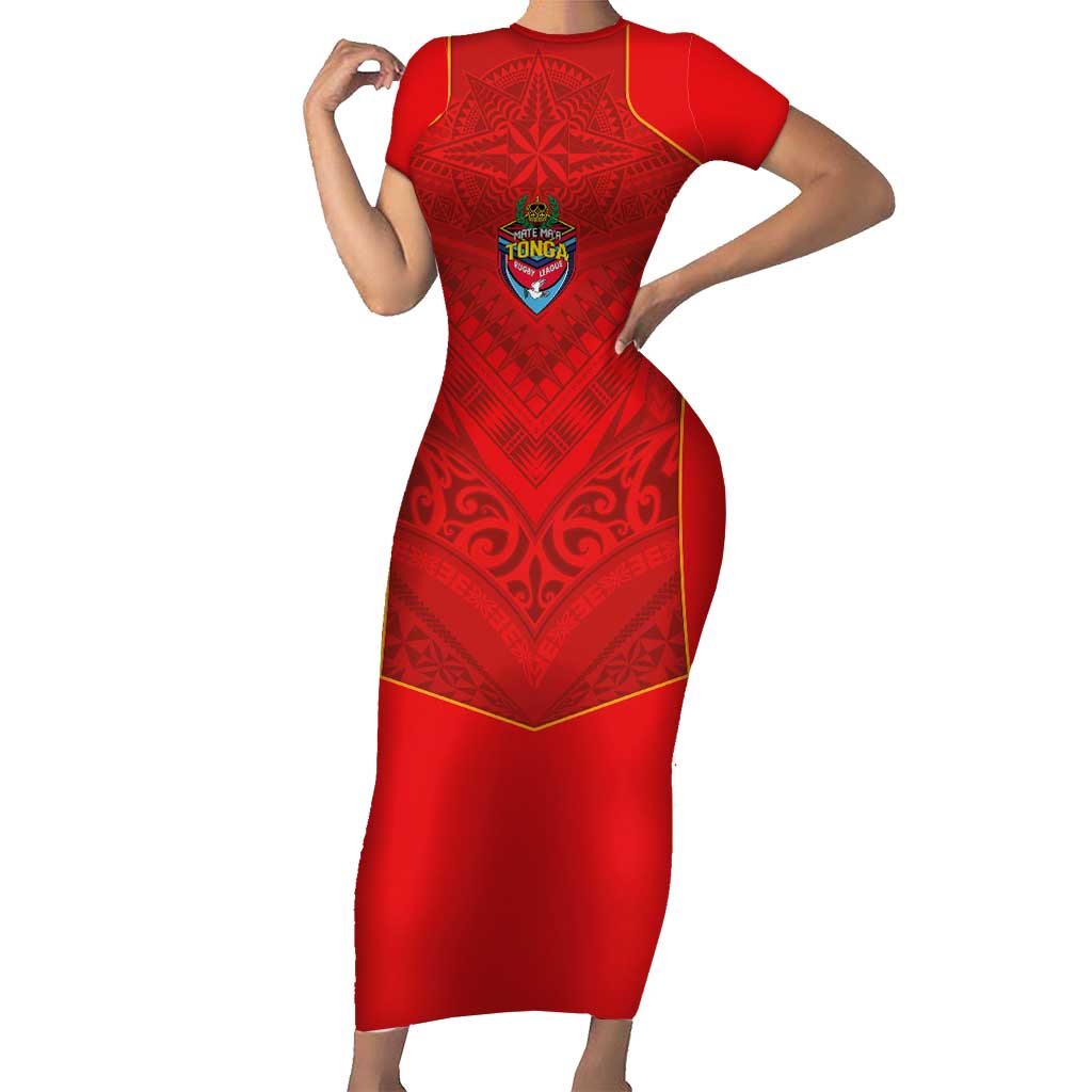 Custom Mate Ma'a Tonga Rugby Family Matching Short Sleeve Bodycon Dress and Hawaiian Shirt Ngatu Tribal Motifs Sporty Style LT03 Mom's Dress Red - Polynesian Pride