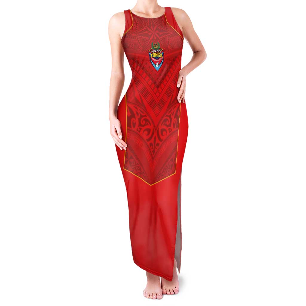 Custom Mate Ma'a Tonga Rugby Family Matching Tank Maxi Dress and Hawaiian Shirt Ngatu Tribal Motifs Sporty Style LT03 Mom's Dress Red - Polynesian Pride