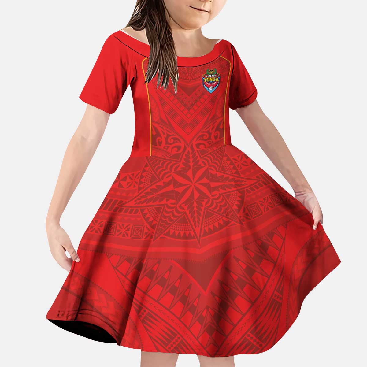 Custom Mate Ma'a Tonga Rugby Kid Short Sleeve Dress Ngatu Tribal Motifs Sporty Style - Polynesian Pride