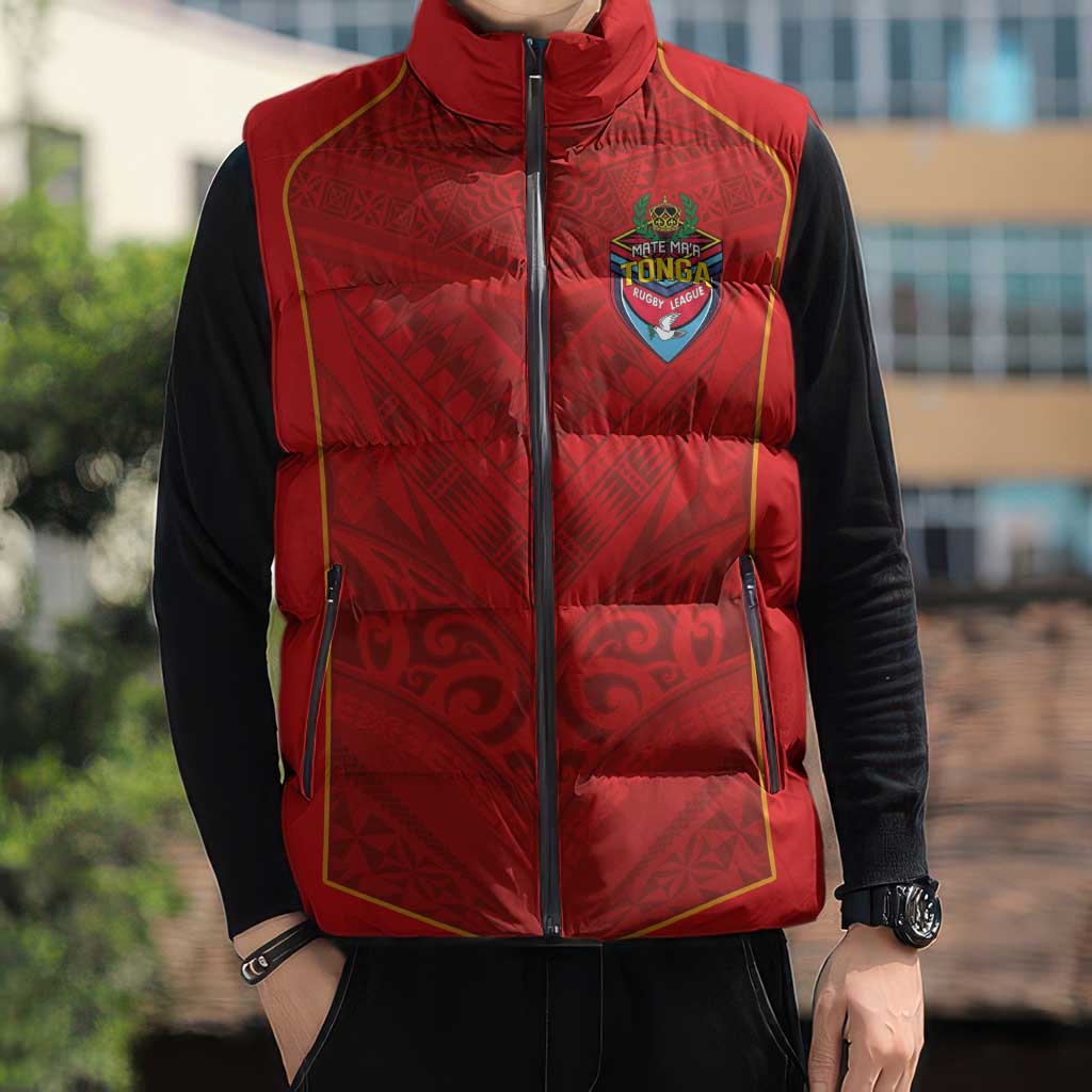 Custom Mate Ma'a Tonga Rugby Sleeveless Puffer Jacket Ngatu Tribal Motifs Sporty Style - Polynesian Pride