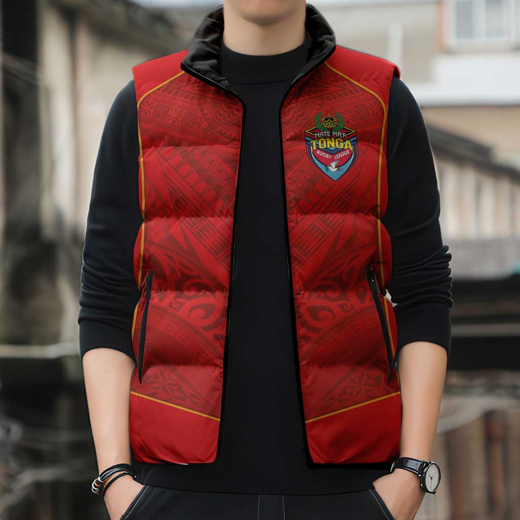 Custom Mate Ma'a Tonga Rugby Sleeveless Puffer Jacket Ngatu Tribal Motifs Sporty Style - Polynesian Pride