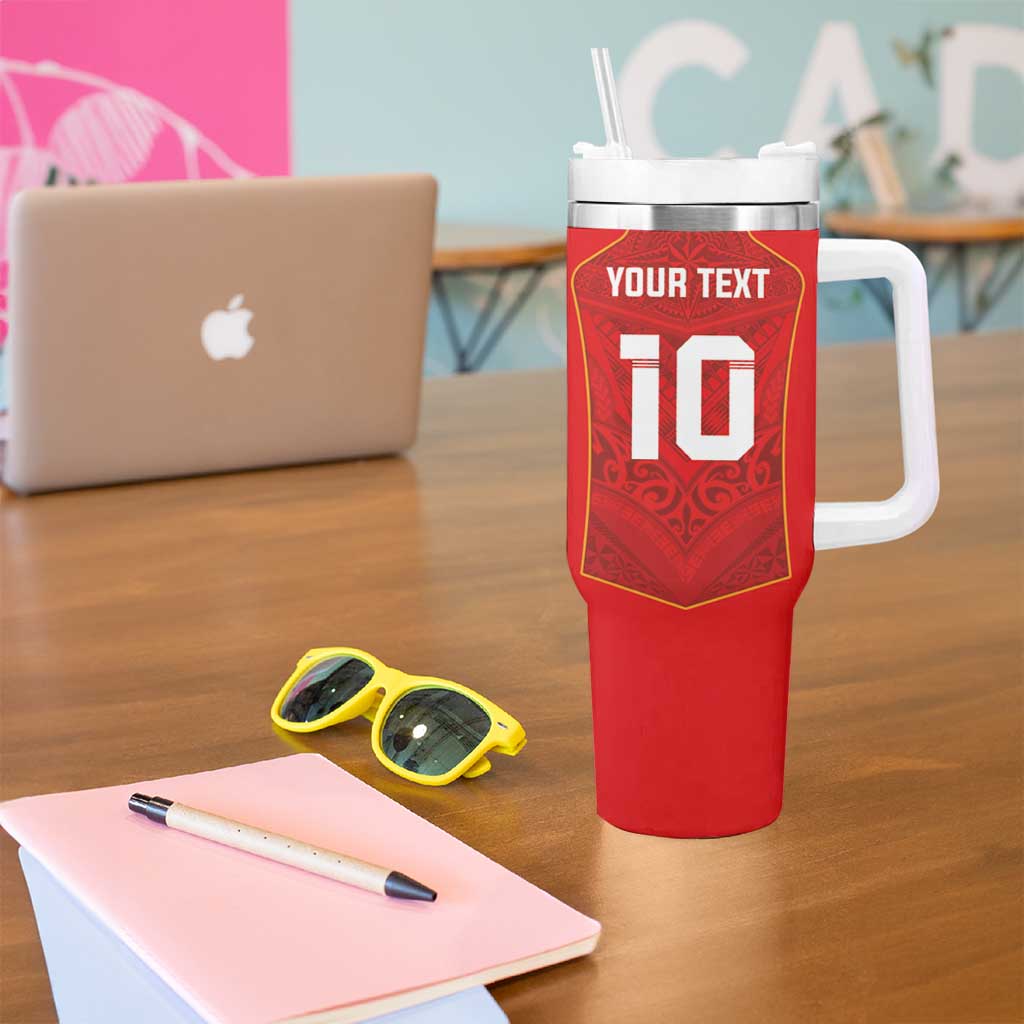 Custom Mate Ma'a Tonga Rugby Tumbler With Handle Ngatu Tribal Motifs Sporty Style - Polynesian Pride